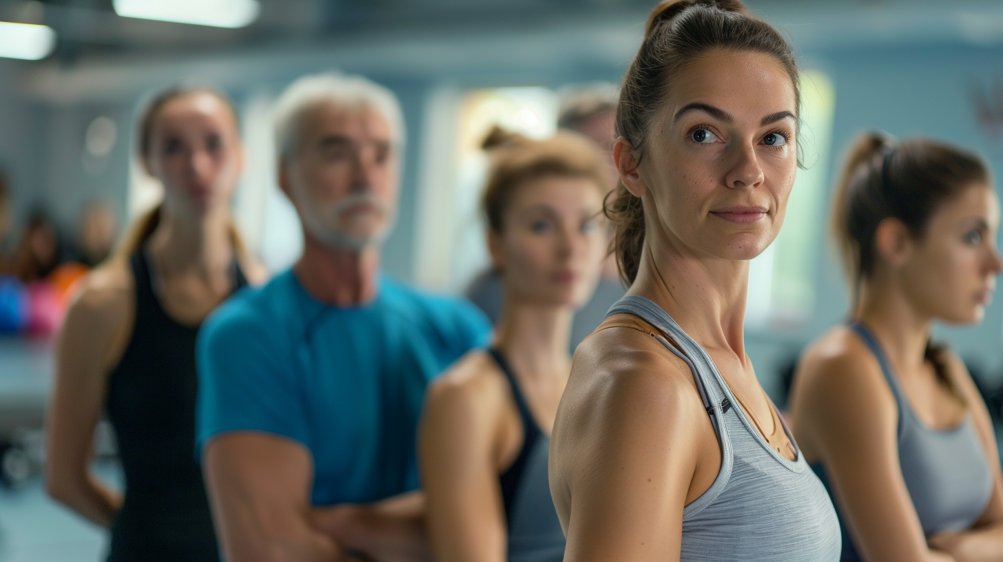 Група людей різного віку займається фітнесом у сучасному спортзалі