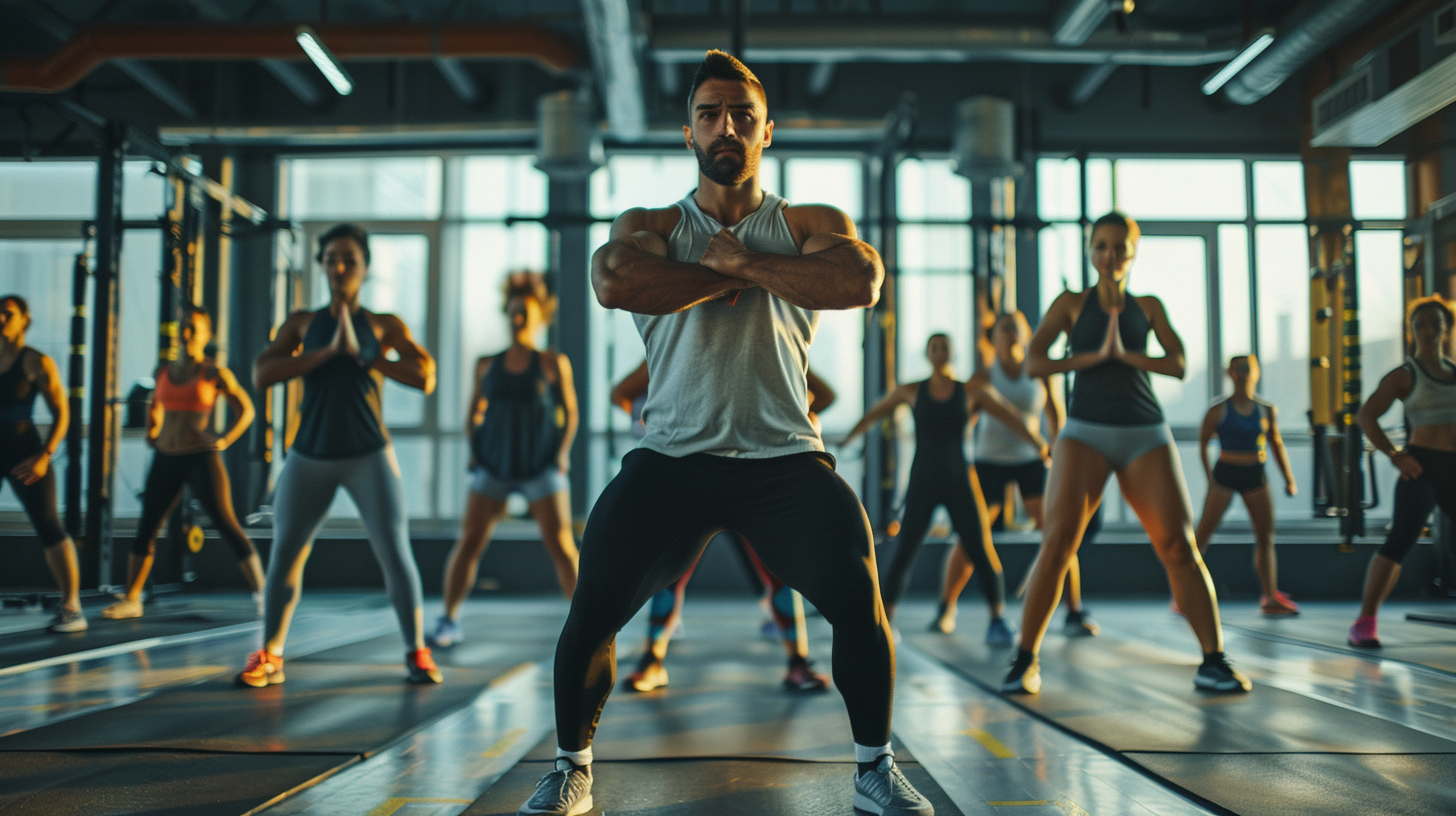 Тренер працює з клієнтами різного віку в групі, демонструючи правильну техніку